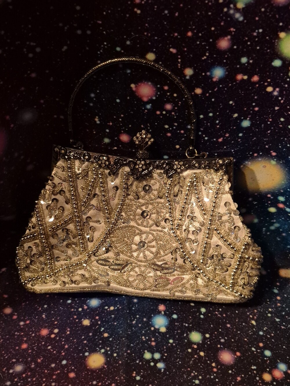 🤍 Cream & Gold Beaded Evening Bag | Vintage-Inspired Clutch 🤍